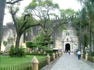 A panorama generally looking south from the center courtyard. Templo Franciscano de La Asuncion de Maria. Cuernavaca, Morelos © Rick Meyer 2006