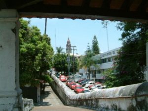 Twin towers of the Jardin Borda guard the corners of the west wall where residents once enjoyed their tea as they viewed the then open countryside. Looking east from the south tower you can see the Cathedral spire in the Recinto. Cuernavaca, Morelos © Rick Meyer 2006