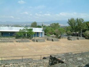 The round base of the Templo Ehecatl, the wind god, one of Quetzalcoatl's appellations. Perhaps the northwest orientation honored Tenochtitlan since the main pyramid seems to copy its Templo Mayor (and Popocatepetl is east).">