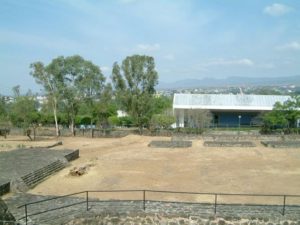 The round base of the Templo Ehecatl, the wind god, one of Quetzalcoatl's appellations. Perhaps the northwest orientation honored Tenochtitlan since the main pyramid seems to copy its Templo Mayor (and Popocatepetl is east).">