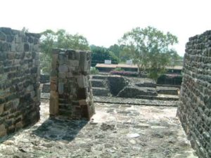 The look southeast between the two temples reveals the rear complex of buildings. Cuernavaca, Morelos © Rick Meyer 2006