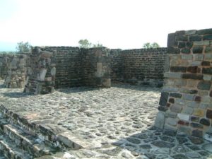 On the top of the mainTeopanzolco Piramide looking east at the Huitzalopochtli (war god) temple. Cuernavaca, Morelos © Rick Meyer 2006