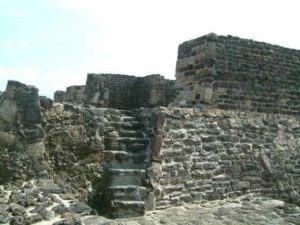 On the top of the mainTeopanzolco Piramide looking east at the Huitzalopochtli (war god) temple. Cuernavaca, Morelos © Rick Meyer 2006