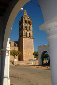 The church spire in Alamos rises impressively from surrounding courtyards. © Gerry Soroka, 2009