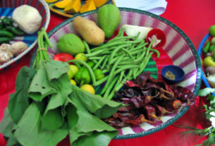 Dried chile guajillo, fresh vegetables and yierba santa leaves figure in Oaxaca's regional Mexican cuisine. © Alvin Starkman 2008