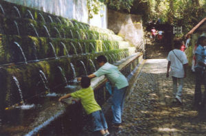 Two boys relish the cold water spewing from one of the many water creations forged by the architects of this magnificent park.