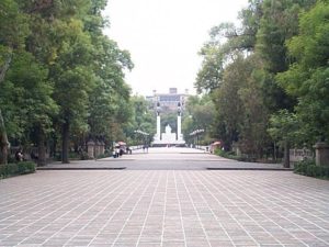 Near the Paseo Reforma entrance to the park looking southwest at the Monumento of the Niños Héroes. During the war with the USA after defending the Chapultepec Castle, six cadets leapt to their deaths rather than surrender.