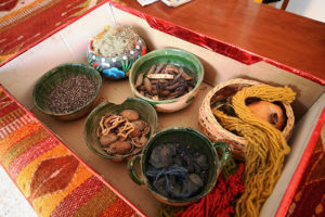 Natural ingredients used to dye hanks of virgin wool for the Santiago family's Zapotec rugs. They include the añil or indigo plant, seed pods, mosses, pecan, pomegranate zest, and of course the cochineal insect. © William Ing, 2007