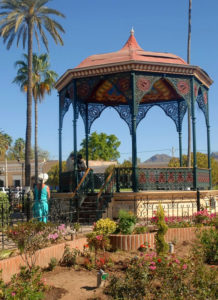 The notable gazebo in Alamos' main plaza displays fine ironwork. © Gerry Soroka, 2009