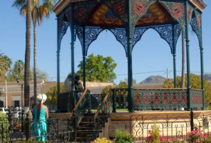 The notable gazebo in Alamos' main plaza displays fine ironwork. © Gerry Soroka, 2009