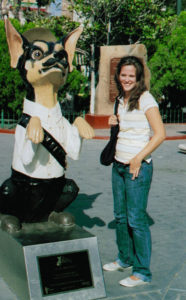 Elise Serbaroli with one of the mascots of Chihuahua City on the Plaza de Armas © Joseph Serbaroli, 2009