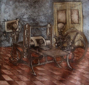 Painting by Mexican artist Jorge Mercado. Imprimiendo el tiraje (Printing the Press Run), 2001. © Alvin Starkman 2007