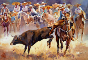 'Grabbing the Bull by the Tail' painted by Jorge Monroy. One of a series celebrating the skills of Mexican charros, commissioned by the National Cattle Ranchers' Association. © John Pint, 2011