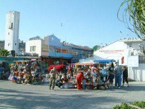 Looking back from the docks at the colorful Mercado de Mariscos (fish market)