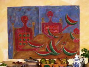 This oil and acrylic on canvas by Manuel Reyes depicts clay effigies eating watermelon. The color scheme is that of the Mexican flag. © Alvin Starkman 2008