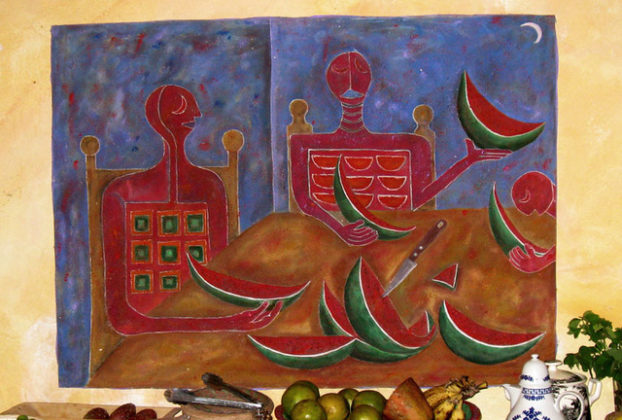 This oil and acrylic on canvas by Manuel Reyes depicts clay effigies eating watermelon. The color scheme is that of the Mexican flag. © Alvin Starkman 2008