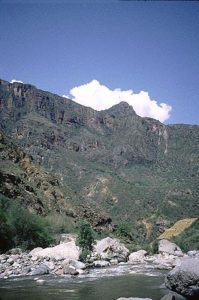 The Rio Batopilas flows through La Bufa, Chihuahua once a busy copper mining center in Mexico's Copper Canyon. © Geri Anderson 2001.