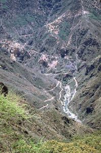 At points along the way, the 100-mile road which winds through Mexico's Copper Canyon from Creel to Batopilas snakes along the Rio Batopilas. © Geri Anderson 2001.
