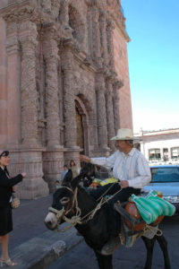 Liliana Fernandez greets a man on a burro just in front of the Cathedral in downtown Zacatecas.