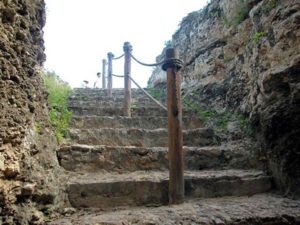 Steps leading to the underground cenote on the hacienda property. Such water filled cenotes abound in the Yucatan peninsula. © John McClelland, 2007