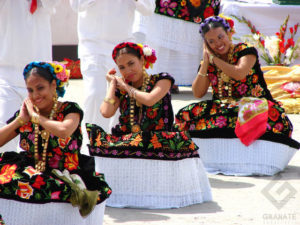 Tehuana women in their elaborate traditional dress. The underskirt is lace while the skirt and bodice are embroidered black velvet. Coins form part of their sumptuous gold jewelry. Their performance is part of the annual Guelaguetza festivities in Oaxaca, held the last two Mondays of July. © Oscar Encines, 2008