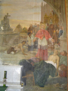 This is the left side of a mural behind the alter in the church of Saint Charles Borromeo at Quinta Carolina on the outskirts of Chihuahua city. It depicts Saint Charles Borromeo standing prominently on the right imploring God to save the plague stricken victims of Milan, where he was Biship. The mural by Ettore Serbaroli demonstrates the artist's ability to provide an emotionally charged narrative in a single image. © Francisco Muñoz, 2009