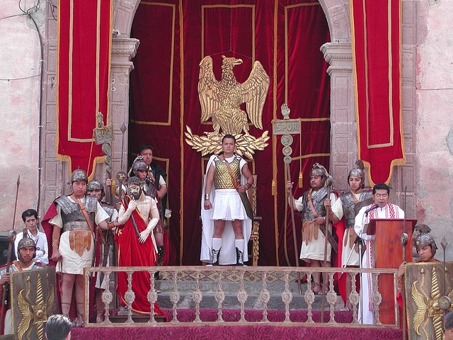 On Good Friday, the Procession of the Holy Meeting and the Passing of the Priest begins at noon. This religious play is set in front of the San Rafael Church. The story begins with Pontius Pilate. A stage has been built to recreate the scene. The priest reads the story as the participants act the proceedings out in mime. Finally, Pontius Pilate washes his hands of responsibility and the procession begins.