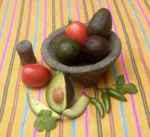 Ingredients for guacamole. The molcajete — a pre-Hispanic morter and pestle — was used to crush and mix rasted garlic and chiler serrano for early versions of this delicious dish. © Daniel Wheeler, 2009