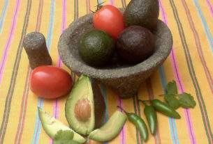 Ingredients for guacamole. The molcajete — a pre-Hispanic morter and pestle — was used to crush and mix rasted garlic and chiler serrano for early versions of this delicious dish. © Daniel Wheeler, 2009