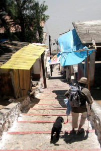 Milo follows on his leash as author Jane WIlkinson walks down steep steps on the island of Janitzio in Mexico's Lake Patzcuaro. © Jane Wilkinson, 2009