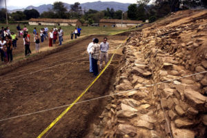 Archeologists discuss the progress of excavation at Oconahua's huge Palace or Tecpan of Ocomo which measures 125 by 125 meters. Located 75 kilometers west of Guadalajara, the village of Oconahua, Jalisco was once a grand pre-Hispanic city. © John Pint, 2009