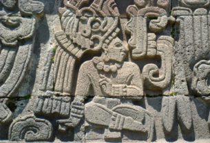 This intricate design is seen on the Pyramid of the Feathered Serpent. Its Maya influence is marked. © Anthony Wright, 2009