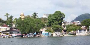 A view of the town of Catemaco, including the Basilica, from Lake Catemaco