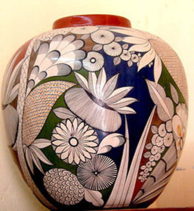 Angel Ortiz, who created this Mata Ortiz ceramic pot, is trying to bring back folk art techniques from the early 1900s. Mata Ortiz in the state of Chihuahua is renowned for its pottery. This piece was exhibited in Chapala's annual Feria Maestros del Arte. © Marianne Carlson, 2008