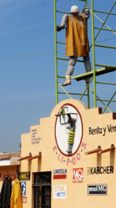 High flying dude has duds, and other construction essentials, for rent in a Melaque, Mexico store. © Gerry Soroka, 2009