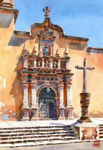 Entrance to the Church of the Immaculate Conception in Amatitan,Mexico, depicted in a watercolor by Jalisco muralist Jorge Monroy © John Pint, 2010