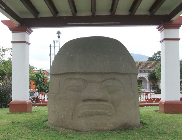 The ten foot tall Olmec head in the square of Santiago Tuxtla