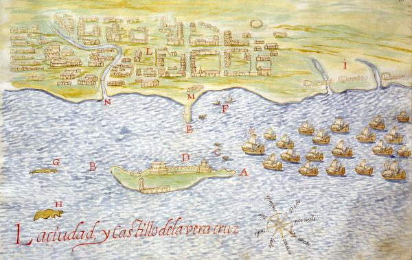 The city of Veracruz. Descripciones geographicas e hydrograficas de muchas tierras y mares del Norte y del Sur, en las Indias, en especial del descubrimiento del reino de California. By Nicolás de Cardona. 1632. BN. V