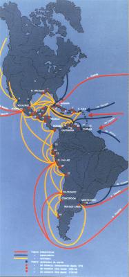 Maps of the ports and routes used for free trading during the 18th century, according to Céspedes del Castillo