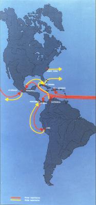 Maps of the ports and routes used for free trading during the 18th century, according to Céspedes del Castillo