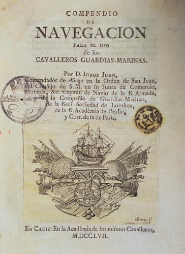 Title page of the Compendio de navegación. Jorge Juan. Cádiz, 1757. MN.