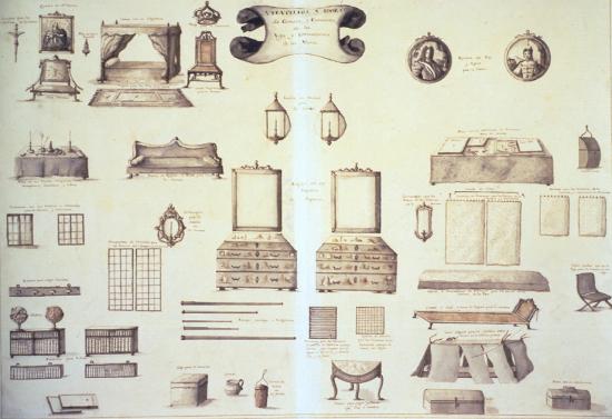 Furniture fitted in the cabins of the captain and officers of the vessels. Diccionario demostrativo... by the Marquis de la Victoria. Cádiz, 1719-1756. MN