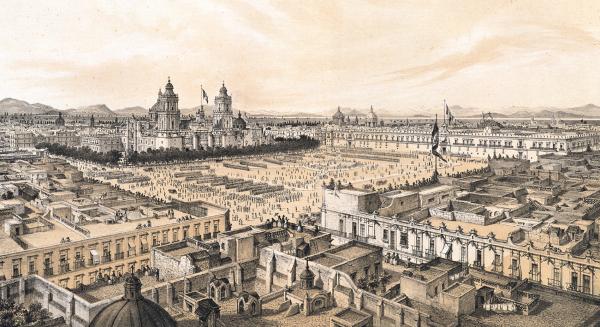 "Plaza de Armas" in Mexico, with the Cathedral in the background. C. Castro. 19th century. BN.