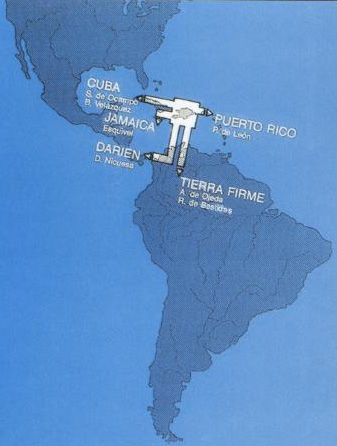 The development and expansion of colonizing activity as it spread out from the founding settlement in Santo Domingo, as reflected in the "Urbanismo español en America" exhibition, 1976. ICI. (Artigas, Pina, Patón)
