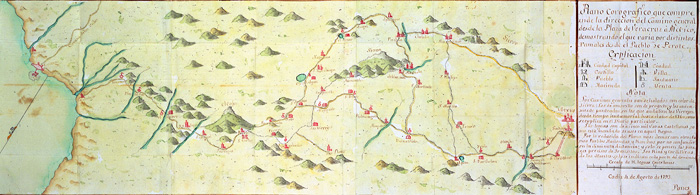 Sketch of the royal route between Veracruz and Mexico, starting from the village of Perote. Diario particular del camino que sigue un virrey de México desde su llegada a Veracruz hasta su entrada pública en la capital, by Diego García de Panes. 18th century. Biblioteca de la Universidad de Oviedo.