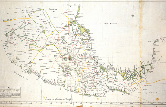 Geographical drawing of the kingdom of New Spain, with its land routes as they were at the end of the Viceroyalty. Gonzalo López de Haro. 1810. MN