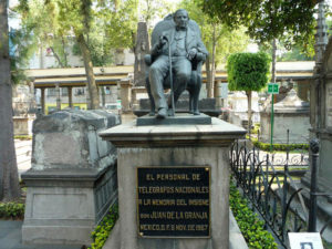 Juan de la Granja, who introduced the telegraph to Mexico, Juan de la Granja, is buried in San Fernando Cemetary in Mexico City. A bronze sculpture of De la Granja sits atop his tomb. © Anthony Wright, 2011