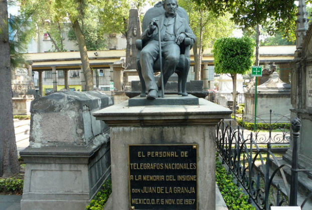 Juan de la Granja, who introduced the telegraph to Mexico, Juan de la Granja, is buried in San Fernando Cemetary in Mexico City. A bronze sculpture of De la Granja sits atop his tomb. © Anthony Wright, 2011