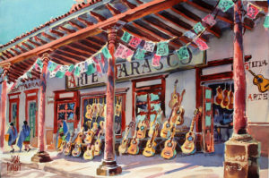 A scene near the plaza in Paracho, Michoacán, famous for its guitars, painted by Jorge Monroy in 2009. © John Pint, 2011