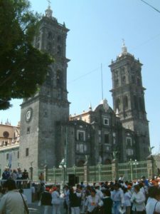 The front of the cathedral (looking southeast) on a busy day.